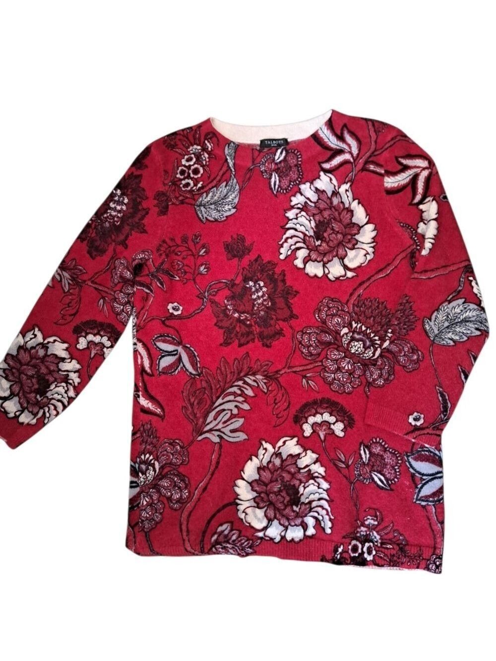 TALBOTS AUDREY 100% cashmere Sweater Floral Lightweight Crewneck Petite SM Reds